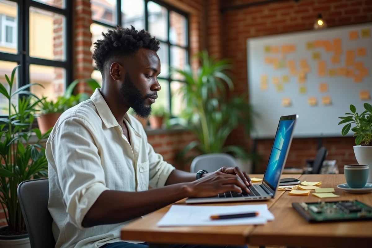 Jeune entrepreneur africain dans un incubateur de startups technologiques, illustrant l'essor de l'innovation et de l'économie numérique en Afrique