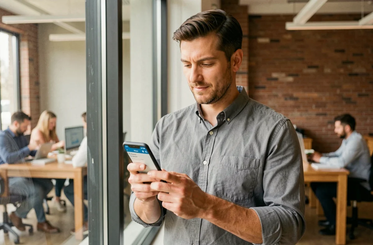 Chef d'entreprise consultant son application bancaire professionnelle Crédit Agricole sur smartphone dans un espace de coworking