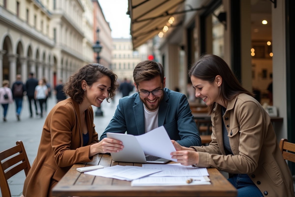 Trois jeunes entrepreneurs travaillent dans un café en plein air