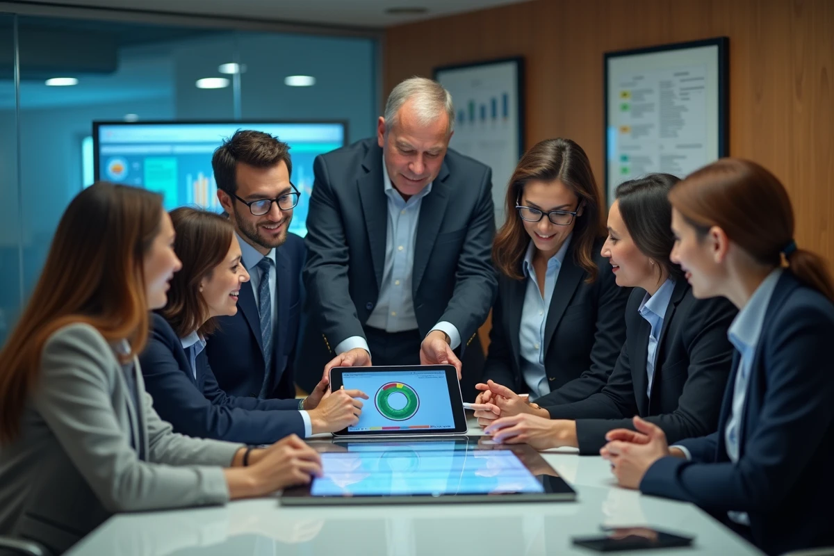 Groupe de professionnels collaborant sur un tableau digital
