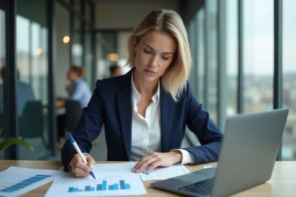 Femme cadre consultant des documents sur l'évolution salariale au bureau à Paris