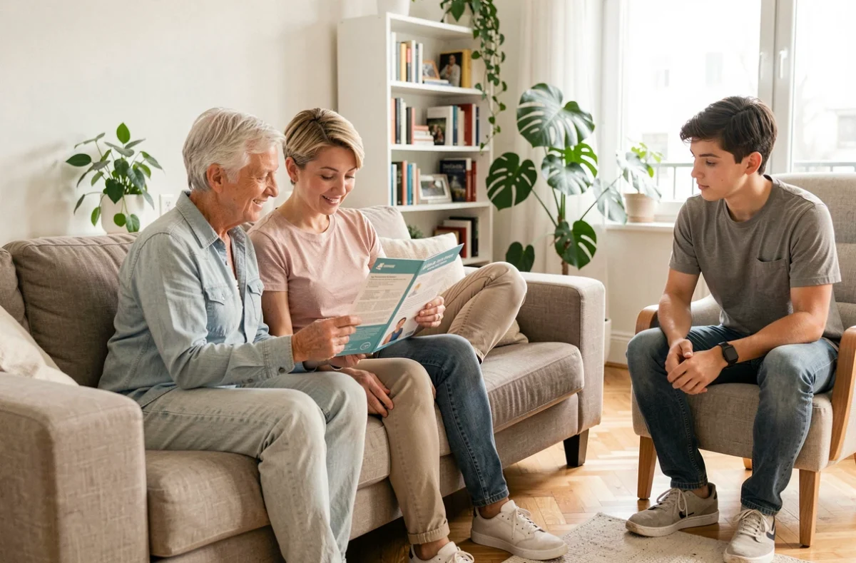 Famille discutant des droits de l'enfant majeur sur la mutuelle familiale dans un salon moderne