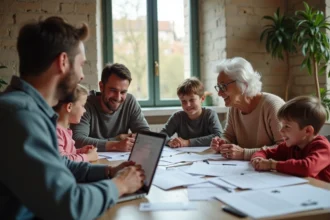 Famille multigenerations autour d'une table en appartement
