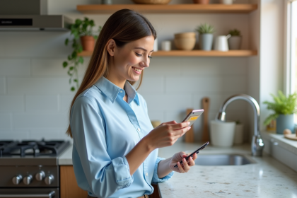 Jeune femme souriante utilisant son smartphone en cuisine