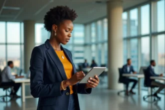 Femme d'affaires africaine confiante dans un immeuble de bureaux moderne à Lagos, symbolisant la montée en puissance économique de l'Afrique