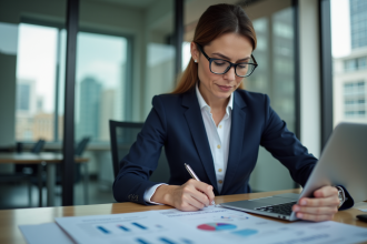 Femme d'affaires en costume bleu analyse des données financières