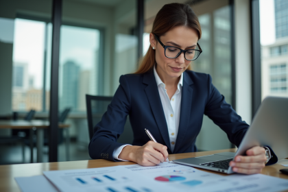 Femme d'affaires en costume bleu analyse des données financières