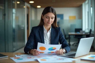 Femme d affaires en costume bleu examinant des brochures