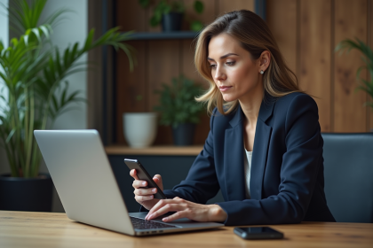 Femme d'affaires en costume regardant un portefeuille Bitcoin