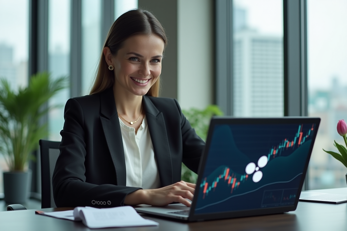 Femme d'affaires analysant des graphiques Ripple au bureau