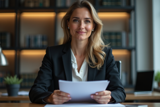 Femme en costume d'affaires tenant un dossier juridique