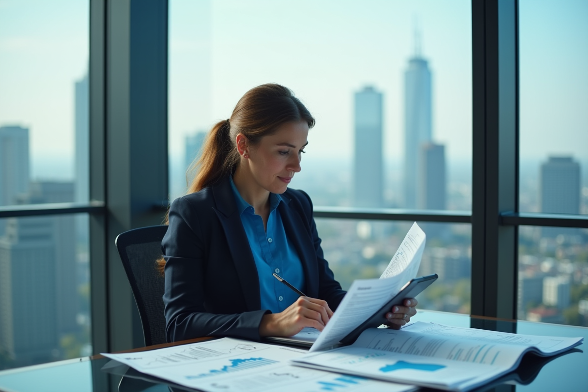 Femme d affaires examine des graphiques financiers sur une tablette