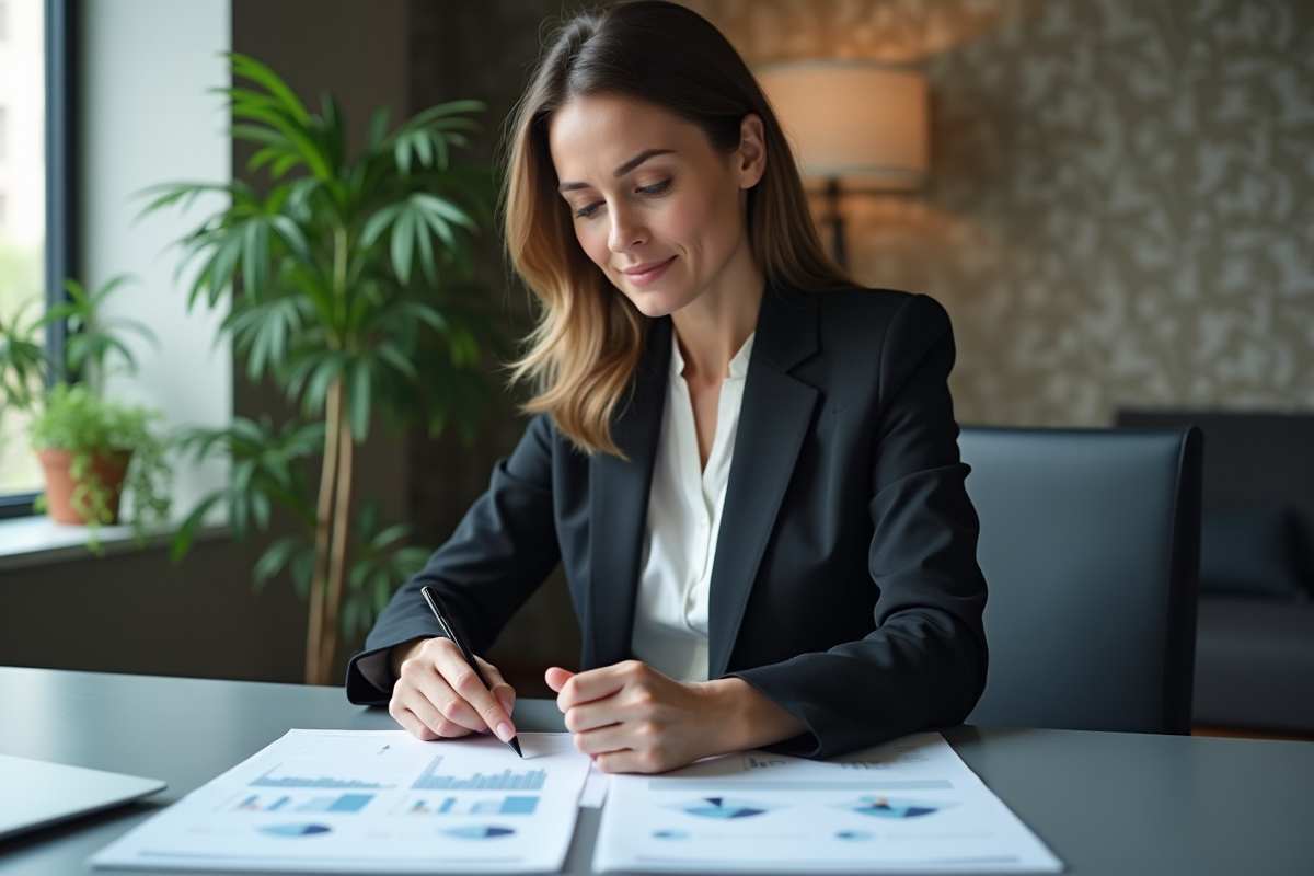 Femme d'affaires en costume examine des documents financiers
