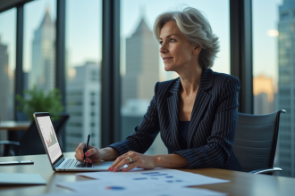 Femme d affaires réfléchie au bureau avec graphiques