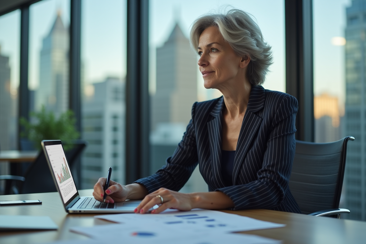Femme d affaires réfléchie au bureau avec graphiques