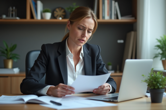 Femme d'affaires examinant des documents dans un bureau moderne