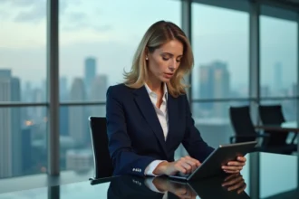 Femme d'affaires concentrée analysant des données sur une tablette