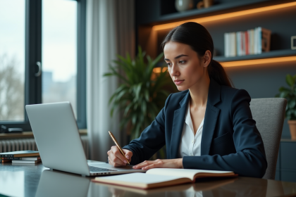 Femme en costume analysant des graphiques de cryptomonnaies