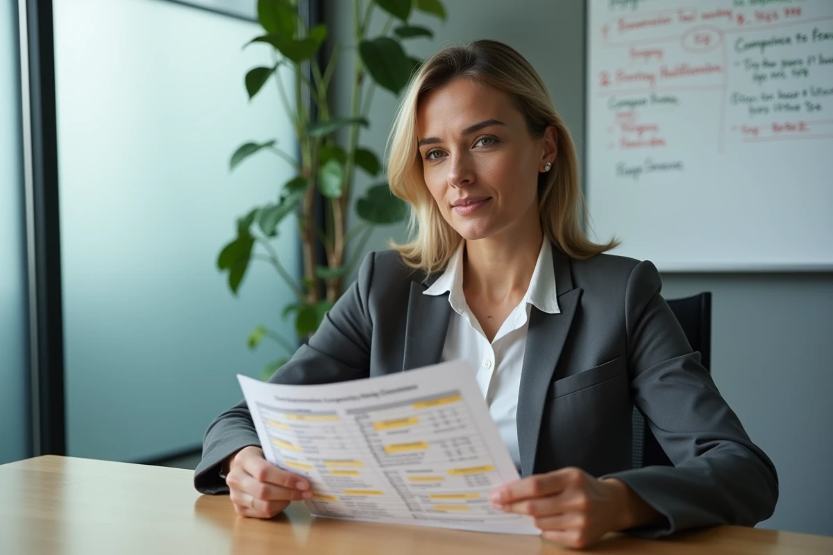 Femme analyste examinant un document de comparaison de codes boursiers avec annotations surlignées