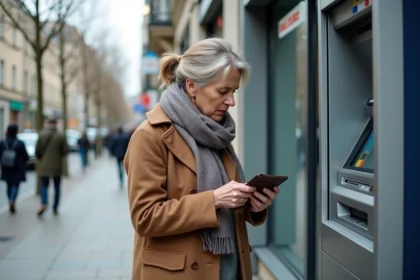 Femme anxieuse devant un ATM à la banque postale