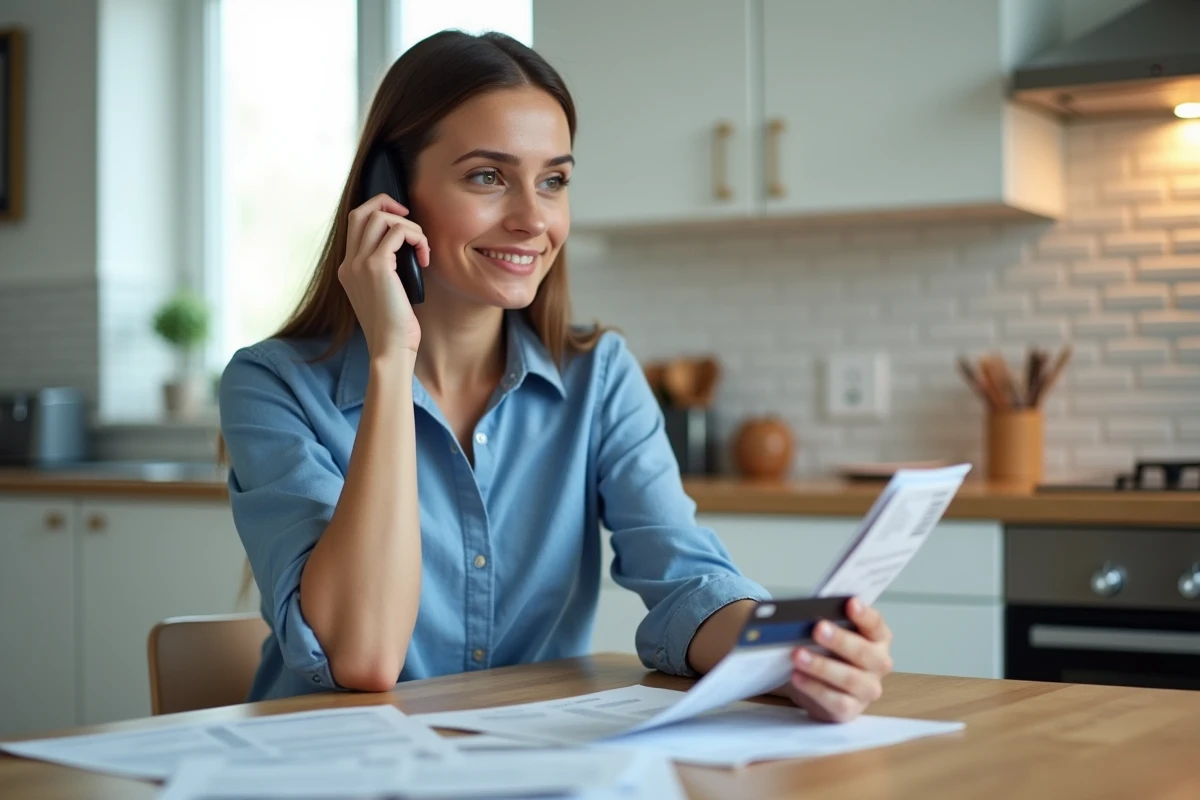 Femme contactant le service client par téléphone pour bloquer un prélèvement bancaire non autorisé avec ses relevés posés sur la table