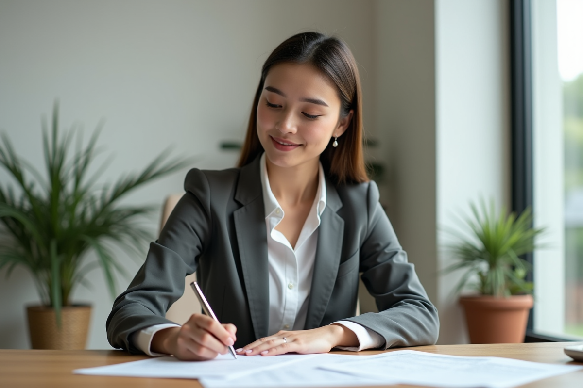 Jeune femme en bureau complet une demande de prêt
