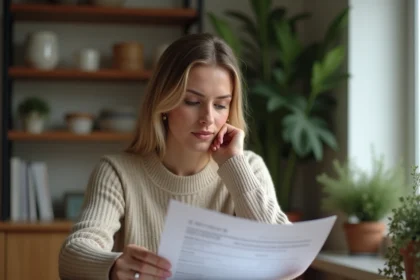 Femme consultant des documents d'assurance voyage et son passeport avant un départ en voyage