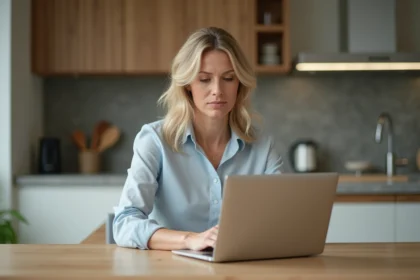 Femme d'âge moyen utilisant sa banque en ligne à la maison