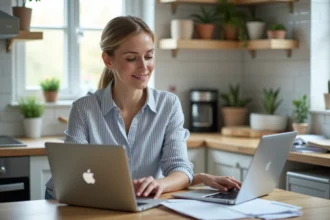 Femme utilisant un ordinateur portable pour consulter ses finances