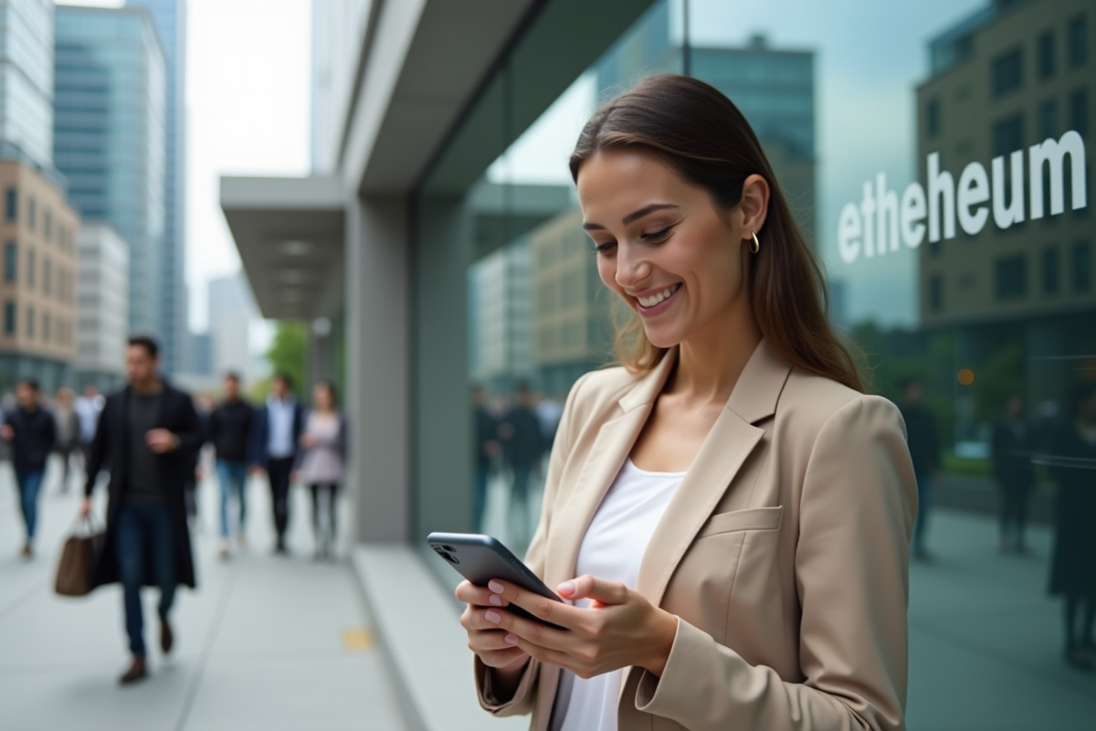Femme souriante regardant son smartphone avec symbole Ethereum