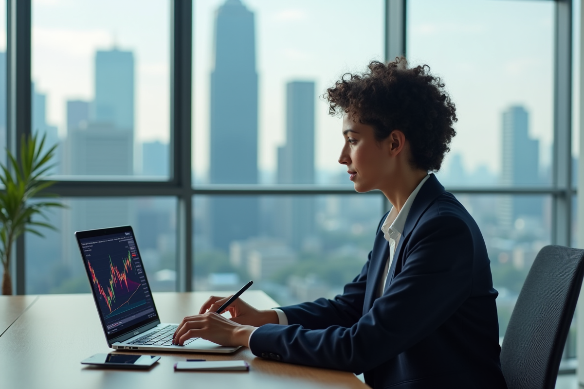 Jeune femme en bureau avec ordinateur et skyline