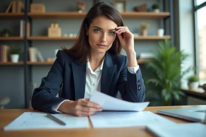 Femme en bureau lisant des documents avec concentration