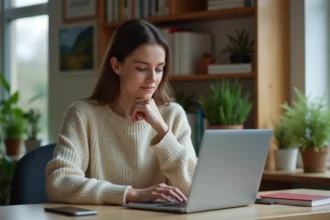 Jeune femme au bureau utilisant un ordinateur portable