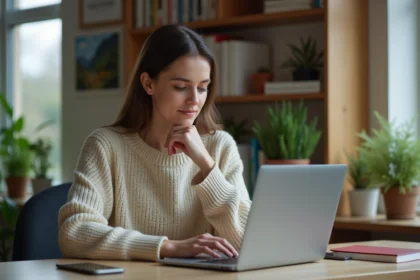 Jeune femme au bureau utilisant un ordinateur portable