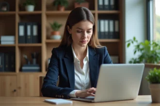 Femme concentrée travaillant sur son ordinateur dans un bureau organisé