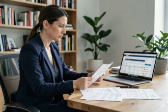 Femme cadre analysant un contrat de prêt Casden face à un changement de carrière à son bureau