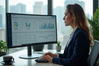 Femme cadre utilisant le portail Cyberplus entreprise de la Banque Populaire pour gérer des comptes multi-sociétés sur ordinateur
