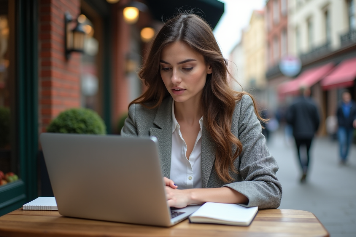 Jeune femme travaillant sur son ordinateur en extérieur