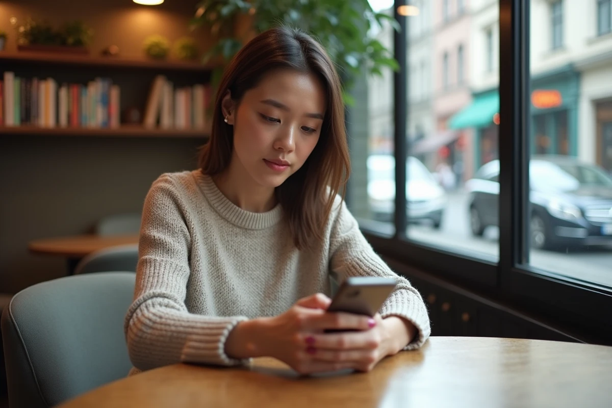 Femme vérifiant son historique Valorant sur smartphone au café