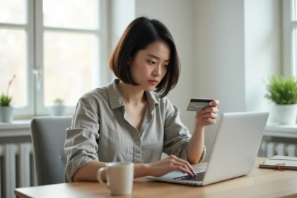Femme consultant son ordinateur portable en tenant une carte bancaire virtuelle pour un achat sécurisé en ligne