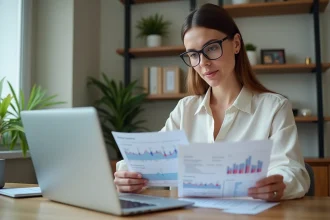 Femme travaillant sur ses comptes à domicile avec papiers et ordinateur
