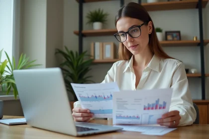 Femme travaillant sur ses comptes à domicile avec papiers et ordinateur