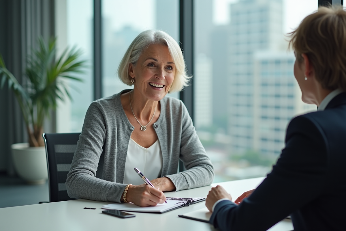 Femme âgée en consultation avec un conseiller dans un bureau moderne