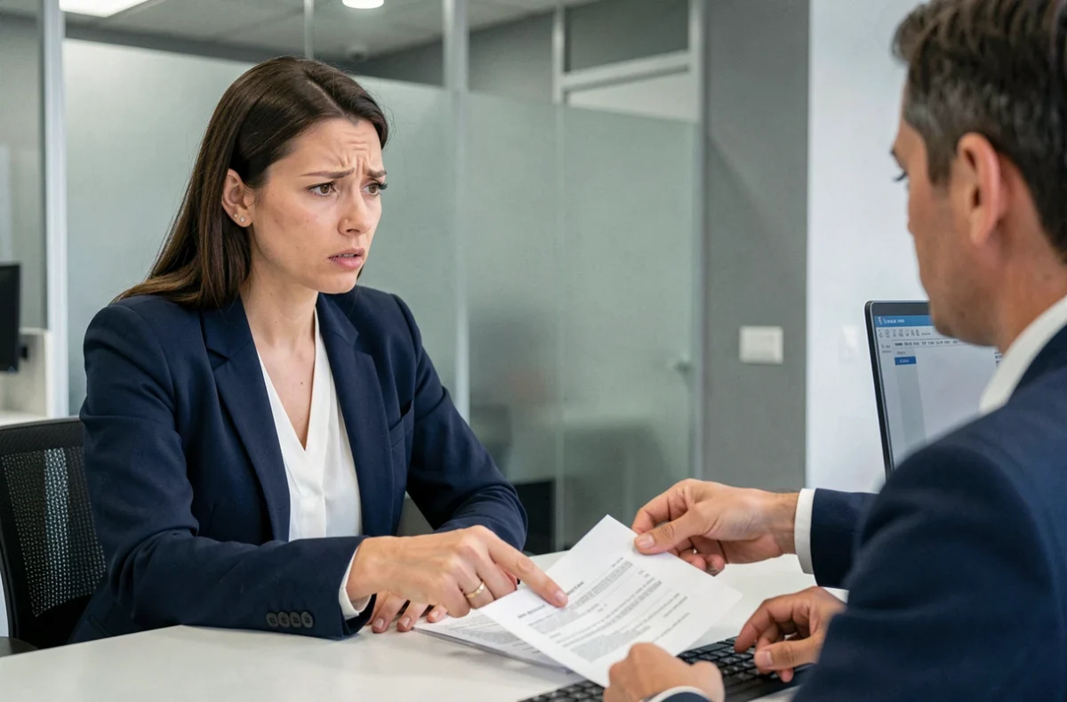 Femme consultant un conseiller bancaire pour des erreurs dans un contrat de prêt dans une agence moderne
