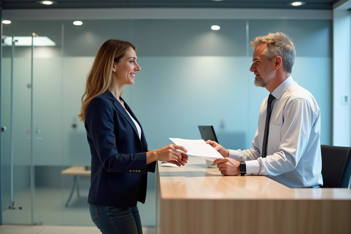 Femme consultant un conseiller bancaire pour un prêt de trésorerie sans justificatif en agence