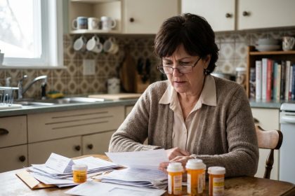 Femme d'âge moyen consulte ses factures médicales à la maison