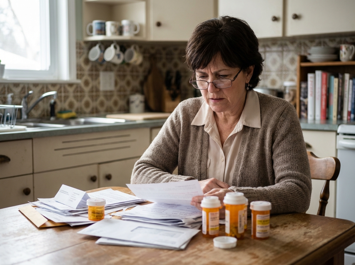 Femme d'âge moyen consulte ses factures médicales à la maison