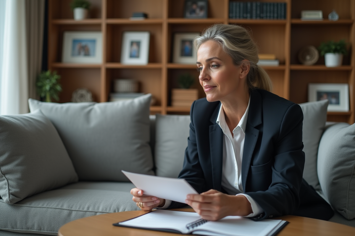 Femme d'âge moyen réfléchissant à une brochure d'assurance