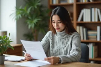 Femme consultant un contrat d'assurance à son bureau avant d'activer son espace client Merci Victor