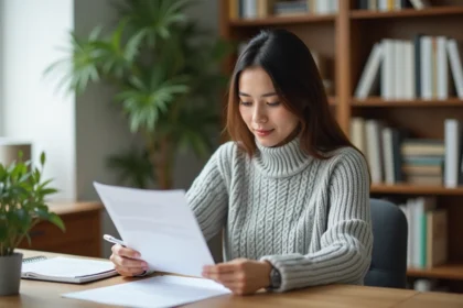 Femme consultant un contrat d'assurance à son bureau avant d'activer son espace client Merci Victor
